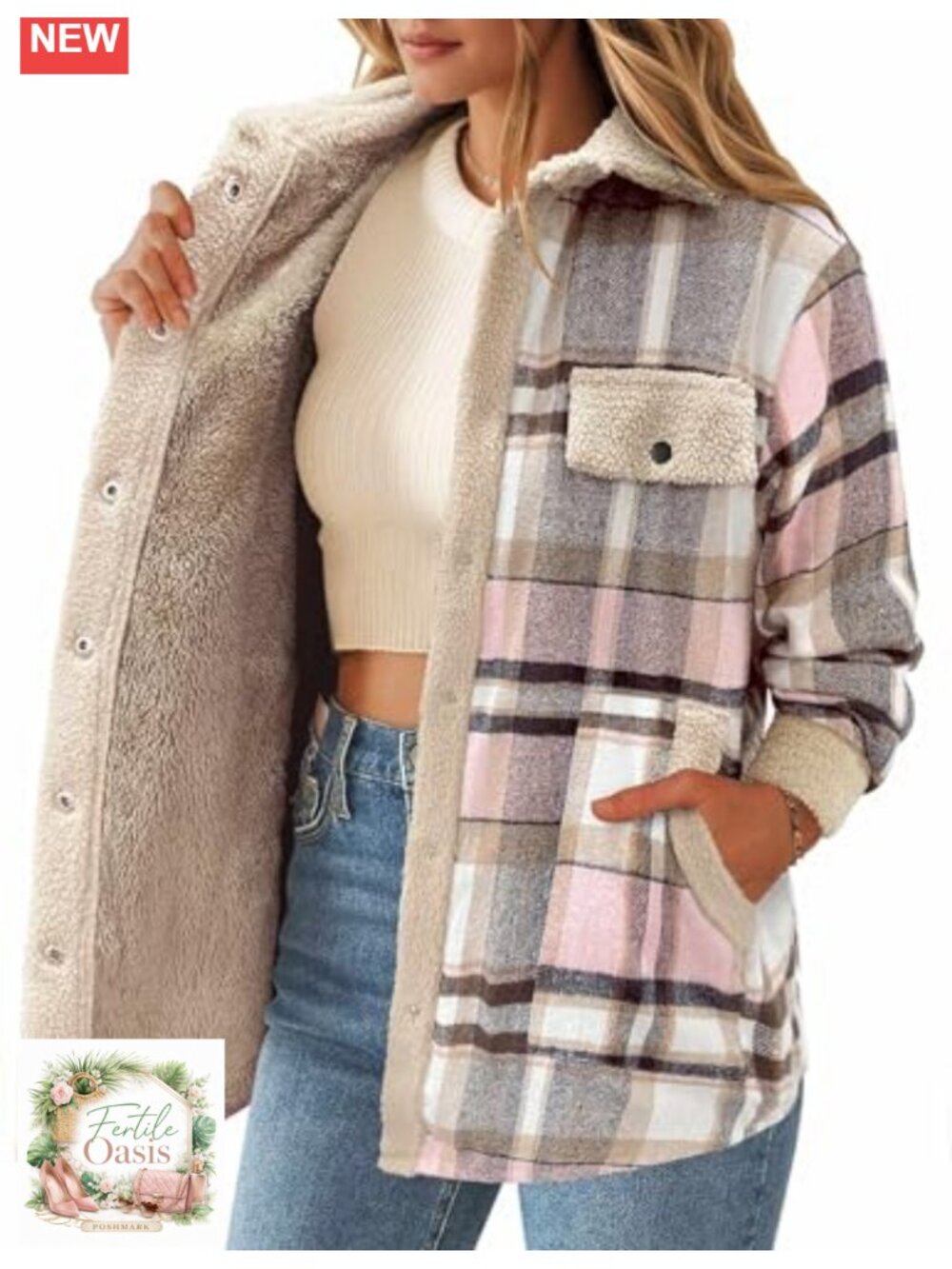 Women's Fleece Lined Flannel Shacket Plaid Sherpa Button Up Jacket Fall Winter